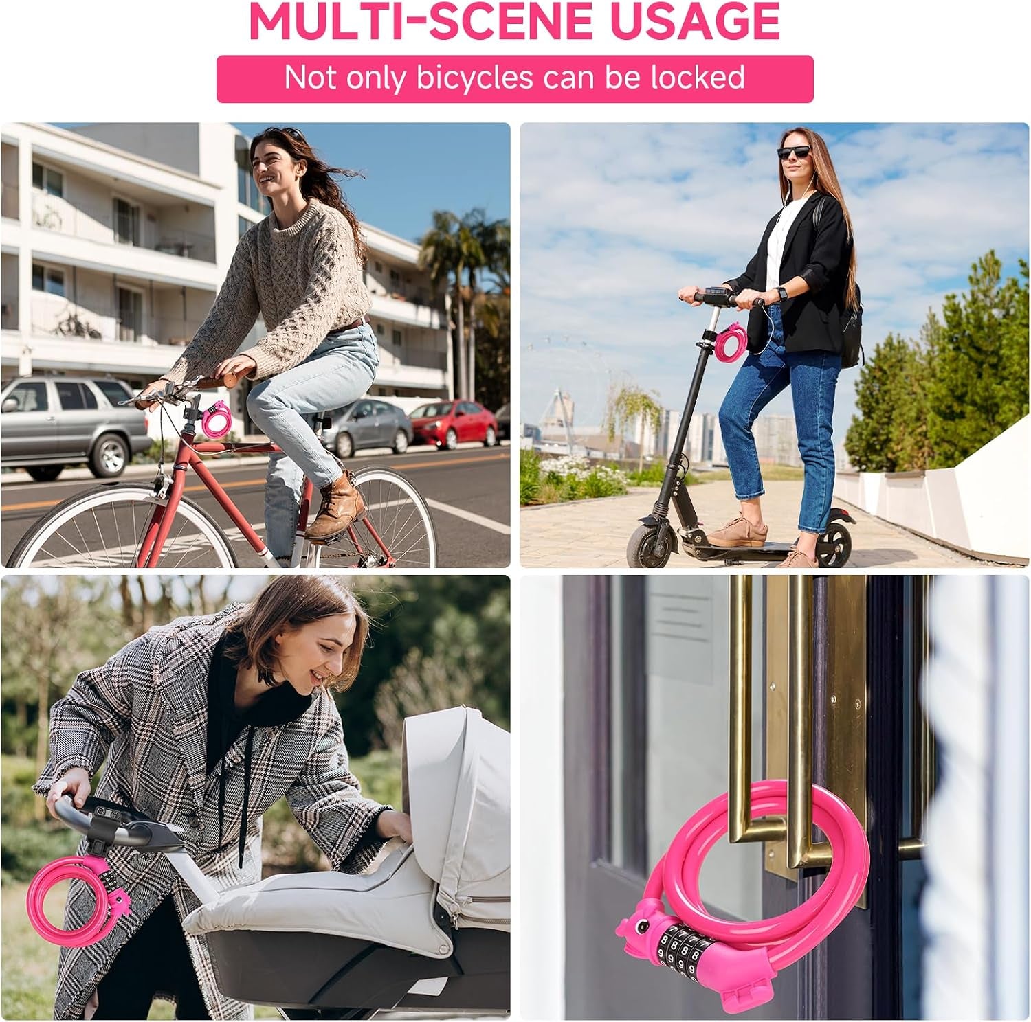 Bike Lock, 3.9 Feet 4-Digit Resettable Combination Password Anti-Theft Cable Lock, Cute Coiled Bike Lock with Mounting Bracket, Suitable for Bicycles, Electric Scooters, Ebikes (Pink-10Mm)