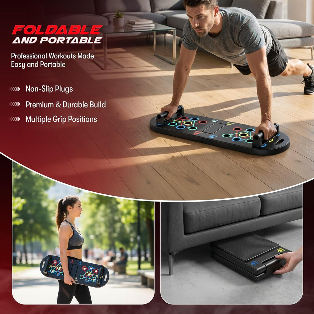Plank Board & Push up Board 22-In-1 with Resistance Bands – Core Trainer with Foam Elbow Pads, Foldable Home Gym Equipment for Men & Women