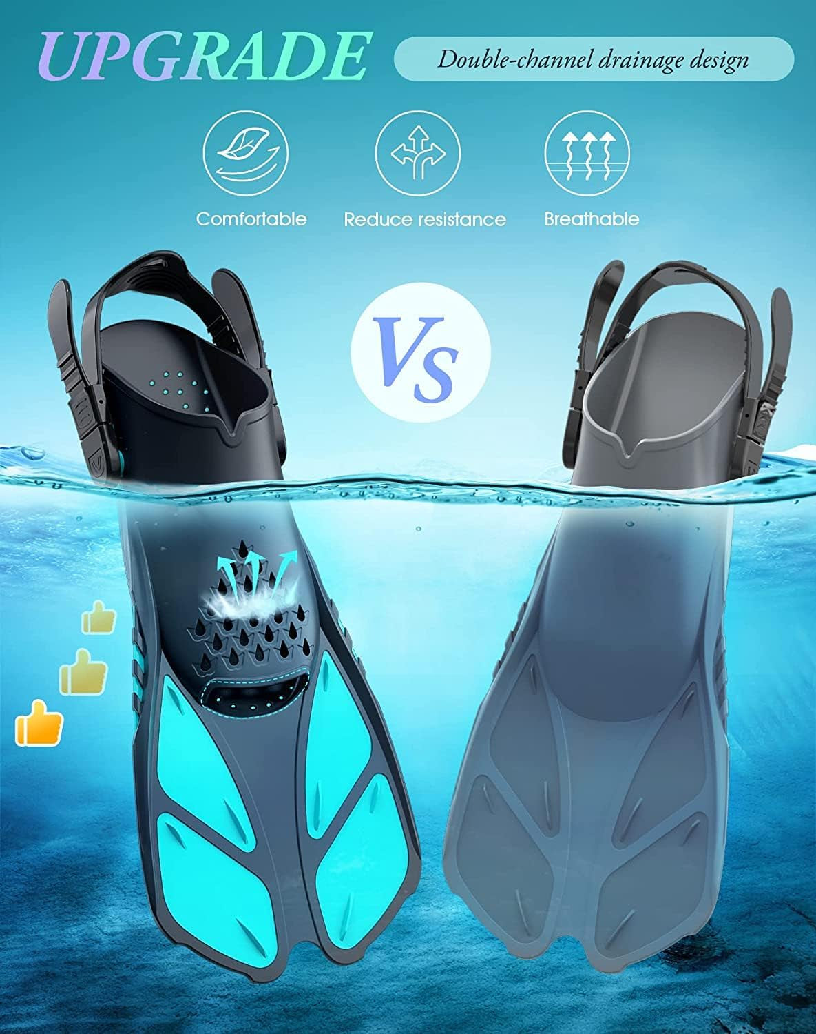 Snorkel Fins, Travel Size Short Flippers for Snorkel Swim Diving | Adjustable Swim Fins Flexible Open Heel Lightweight Scuba Diving Fins for Adult Men Women Kids Ideal for Recreational Use