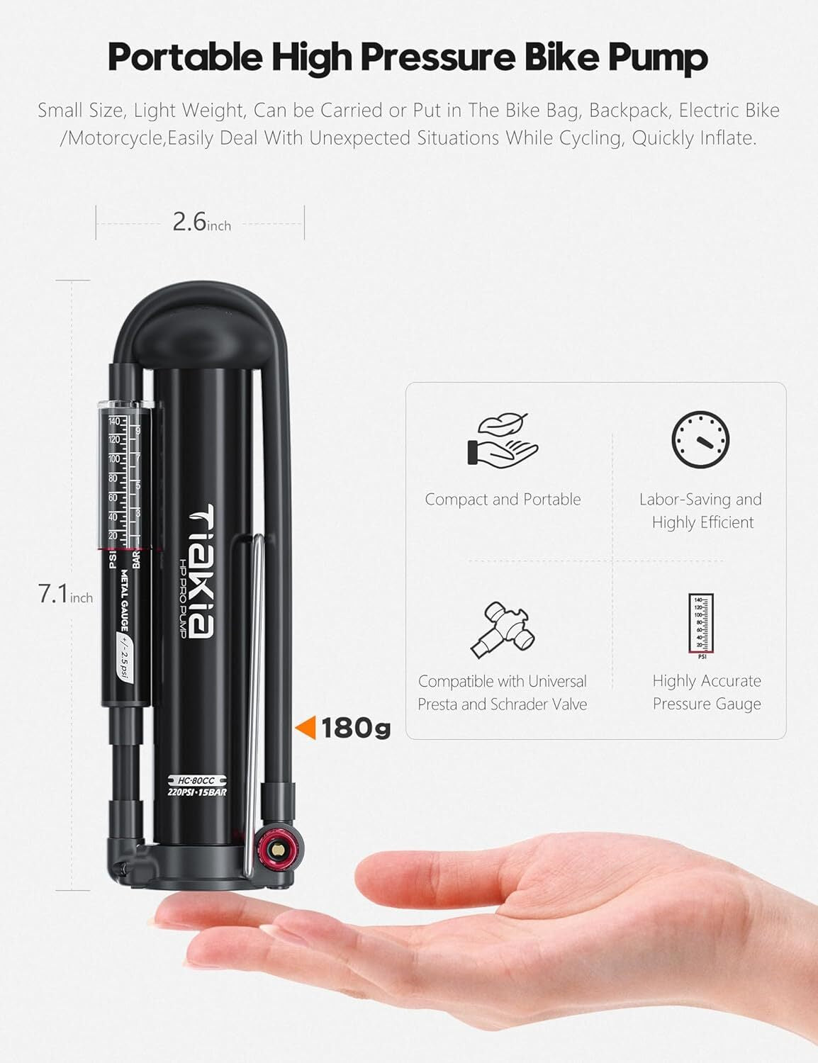 Bike Pump with Gauge, High Pressure Bicycle Pump High Volume Portable Hand Air.