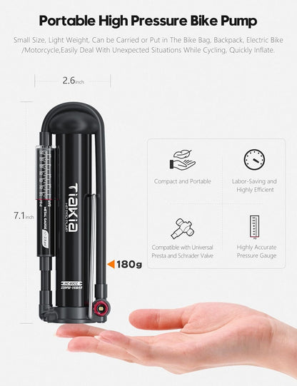 Bike Pump with Gauge, High Pressure Bicycle Pump High Volume Portable Hand Air.