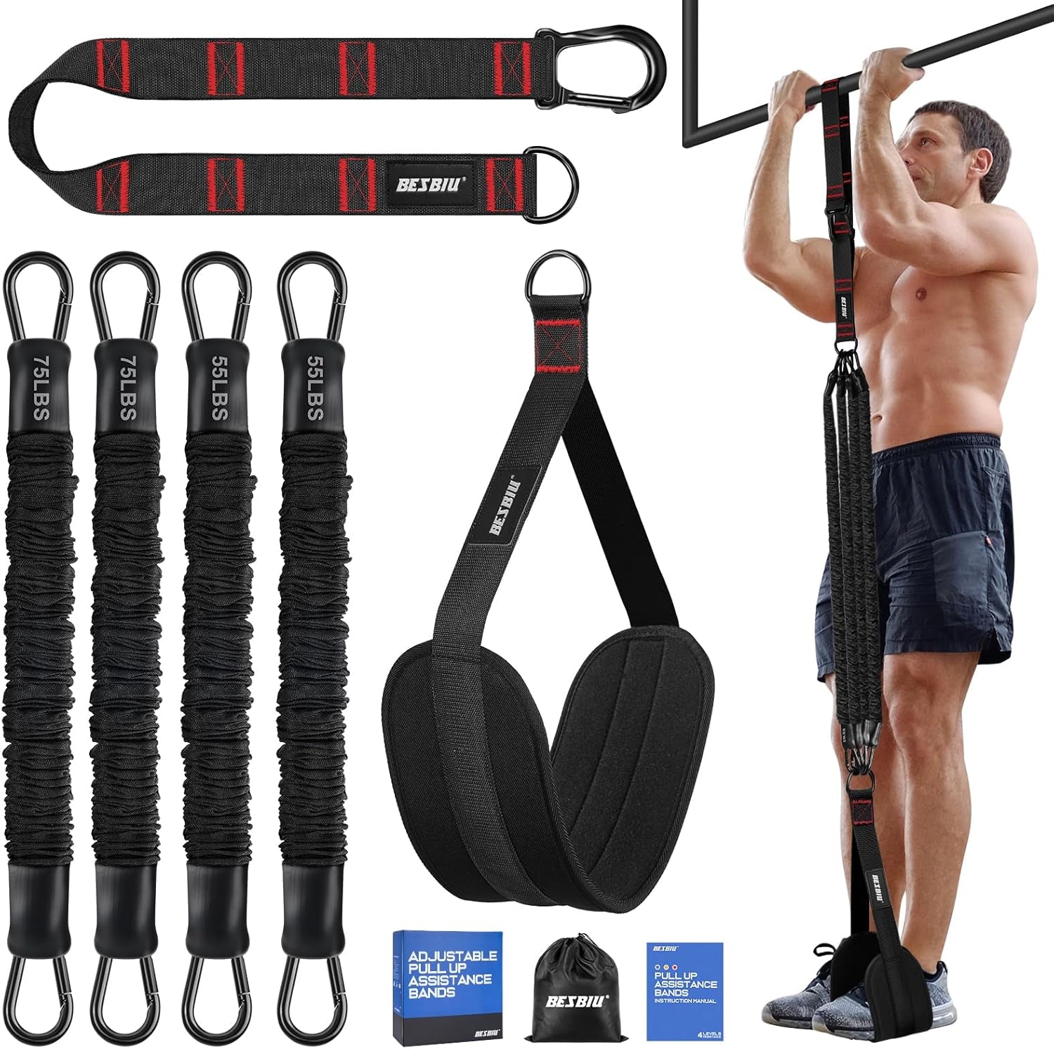Pull up Assistance Bands 260Lbs, Heavy Pull up Bands Resistance Bands for Pull Ups Working Out with Feet Rest, Pull up Bar Bands Assistance Bands Strength Training Workout Equipment, Height Adjustable