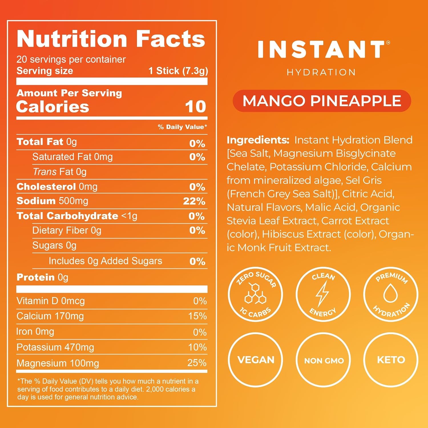 Sugar Free Electrolytes Powder Packets - Mango Pineapple Electrolyte Drink Mix & Travel Essentials - Post Workout Recovery, Brain Health, Muscle & Tissue Support - 20 Sticks