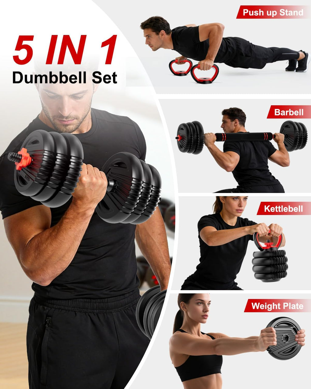 Adjustable Dumbbell Set,20/30/45/70/90Lbs Free Weight Set | 5 In1 Dumbbell Set with Connector,Used as Barbell,Kettlebells,Push up Stand,Fitness Exercises for Home Gym Suitable Men/Women
