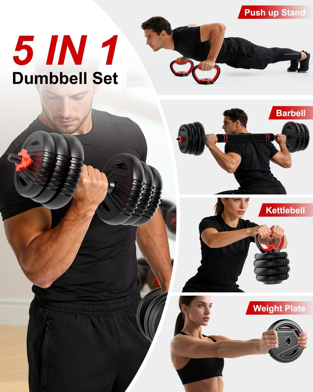 Adjustable Dumbbell Set,20/30/45/70/90Lbs Free Weight Set | 5 In1 Dumbbell Set with Connector,Used as Barbell,Kettlebells,Push up Stand,Fitness Exercises for Home Gym Suitable Men/Women