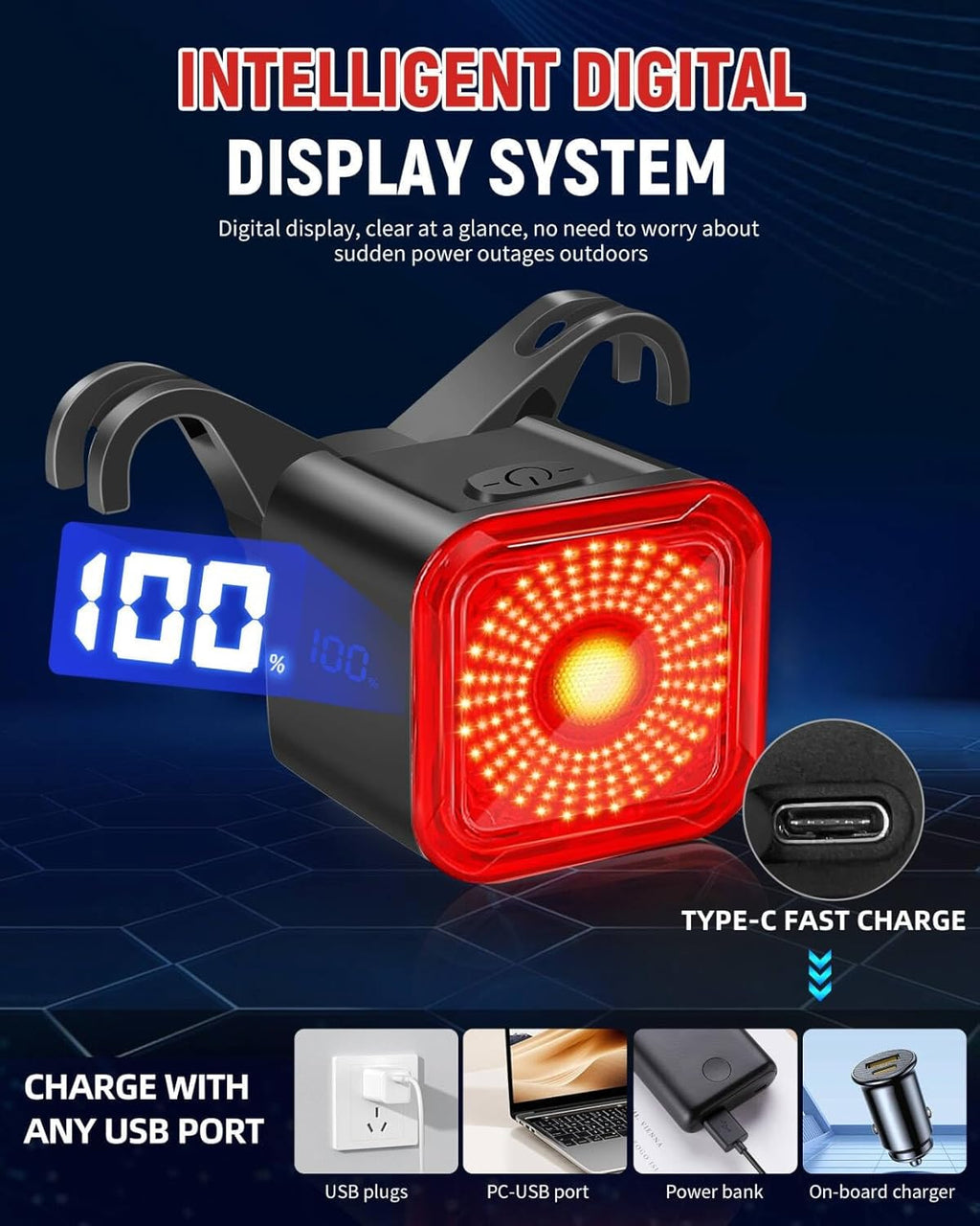 Bike Tail Light with LED Display Screen, USB-C Rechargeable | 6 Light Modes, IP55 Waterproof Bicycle Taillight for Night Riding, Super Bright Rear Bike Light for Road Mountain, Cycling