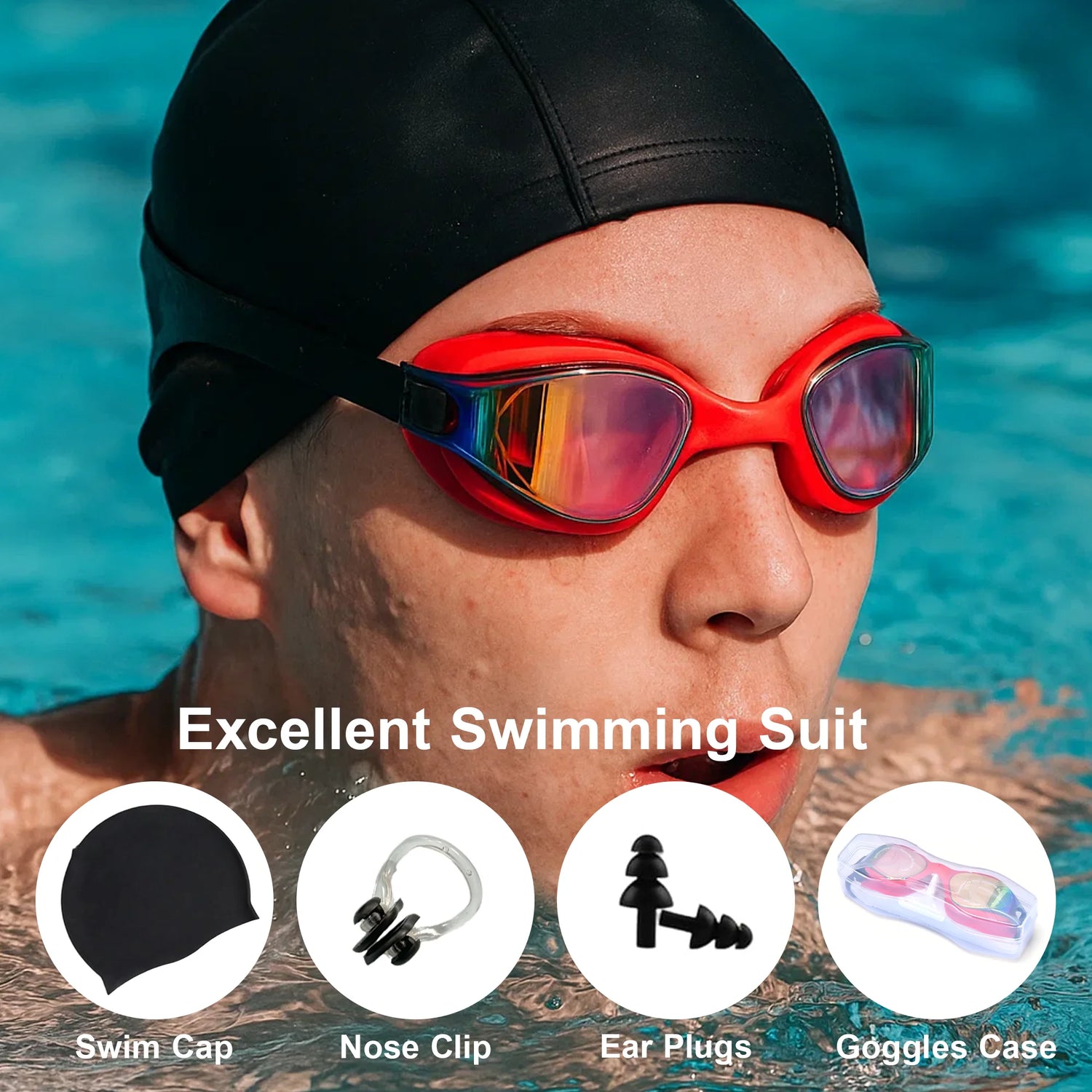 Swim Goggles and Swim Cap, anti Fog UV Protection Swimming Goggle No Leaking, with Nose Clip, Ear Plugs, Goggles Case, Suitable for Men, Women