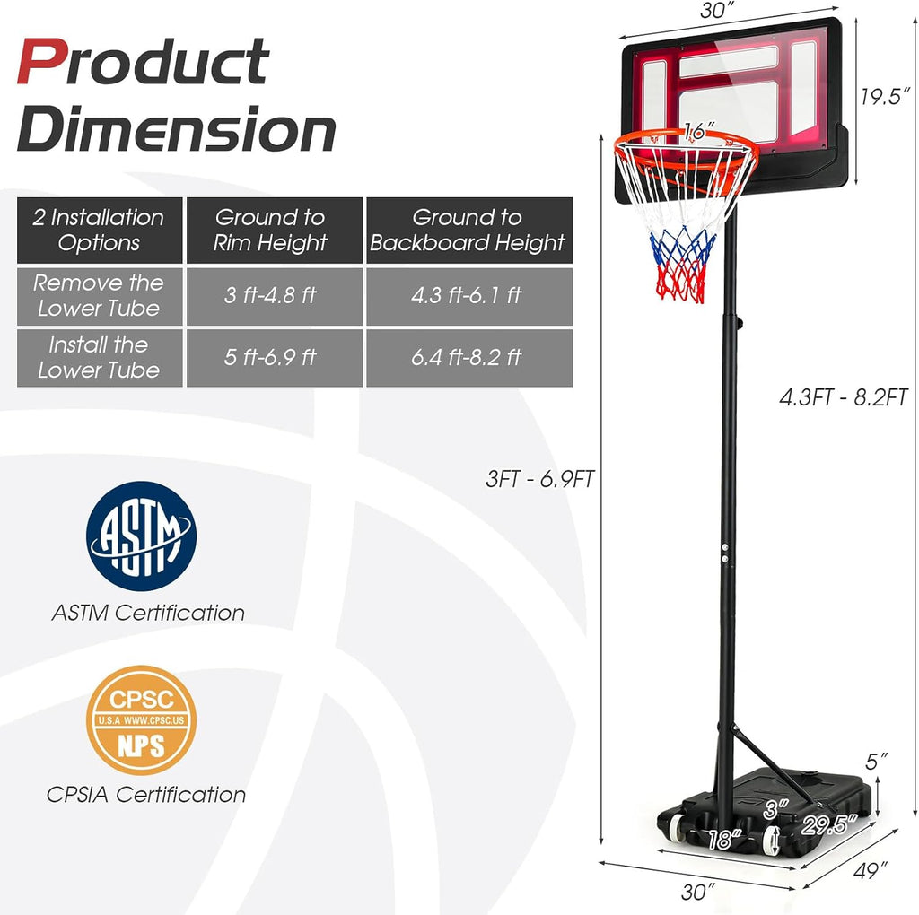 Basketball Hoop Outdoor Indoor, 4.3 FT-8.2 FT Height Adjustable Basketball Goal Court System W/Fillable Base, Backboard & 2 Wheels, Portable Basketball Hoop for Kids Backyard Driveway