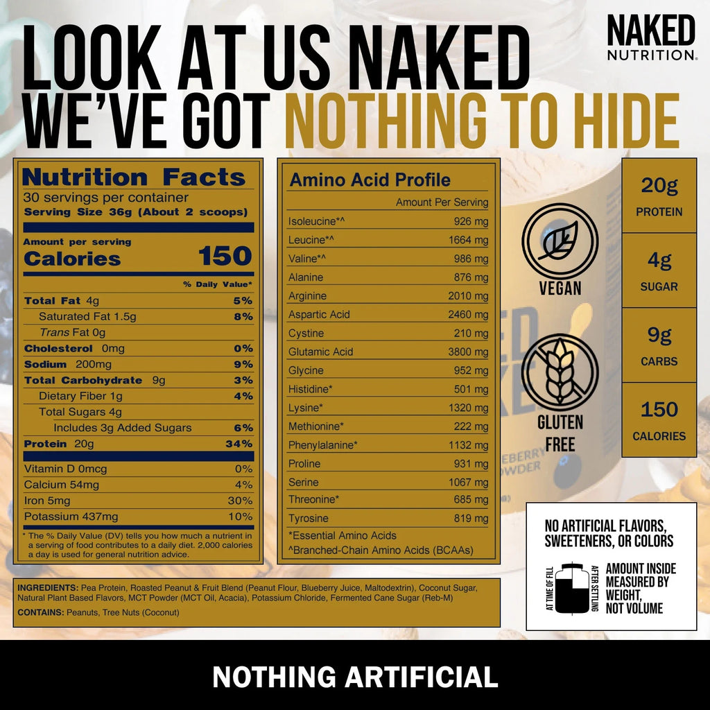 Naked Shake - Peanut Butter Blueberry Protein Powder, Plant Based Protein with Mct Oil, Gluten-Free, Soy-Free, No Gmos or Artificial Sweeteners - 30 Servings