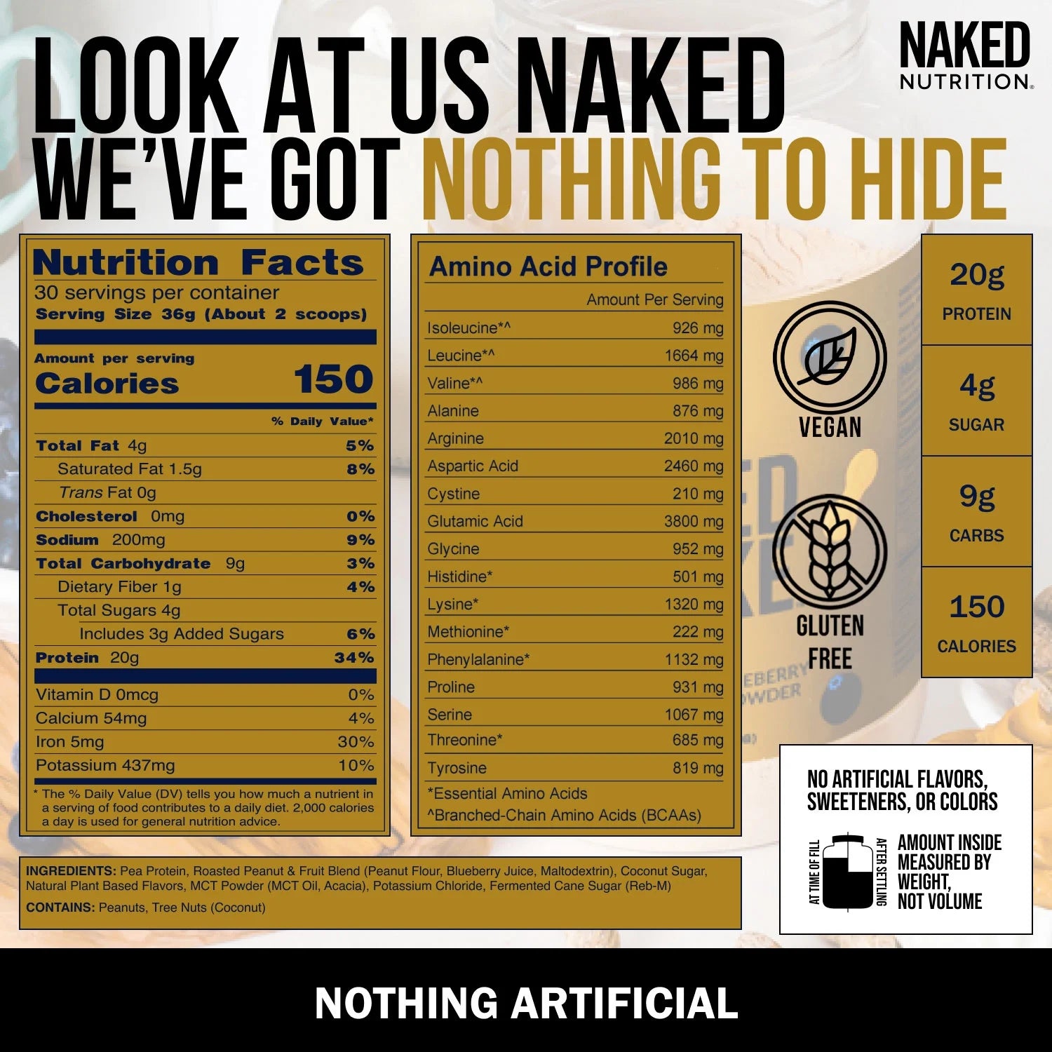 Naked Shake - Peanut Butter Blueberry Protein Powder, Plant Based Protein with Mct Oil, Gluten-Free, Soy-Free, No Gmos or Artificial Sweeteners - 30 Servings