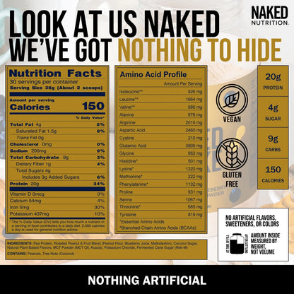 Naked Shake - Peanut Butter Blueberry Protein Powder, Plant Based Protein with Mct Oil, Gluten-Free, Soy-Free, No Gmos or Artificial Sweeteners - 30 Servings