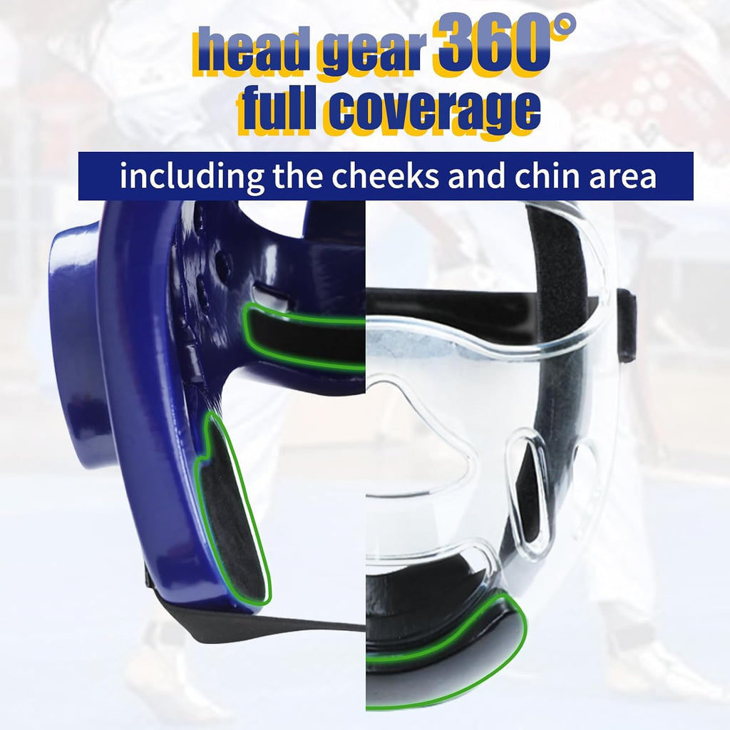 Kids Adults Karate Headgear, with Removable PC Face Shield Eva High-Density Foam Taekwondo Helmet Multiple Vents for Sparring Grappling Muay Thai Kickboxing MMA Karate Taekwondo Training