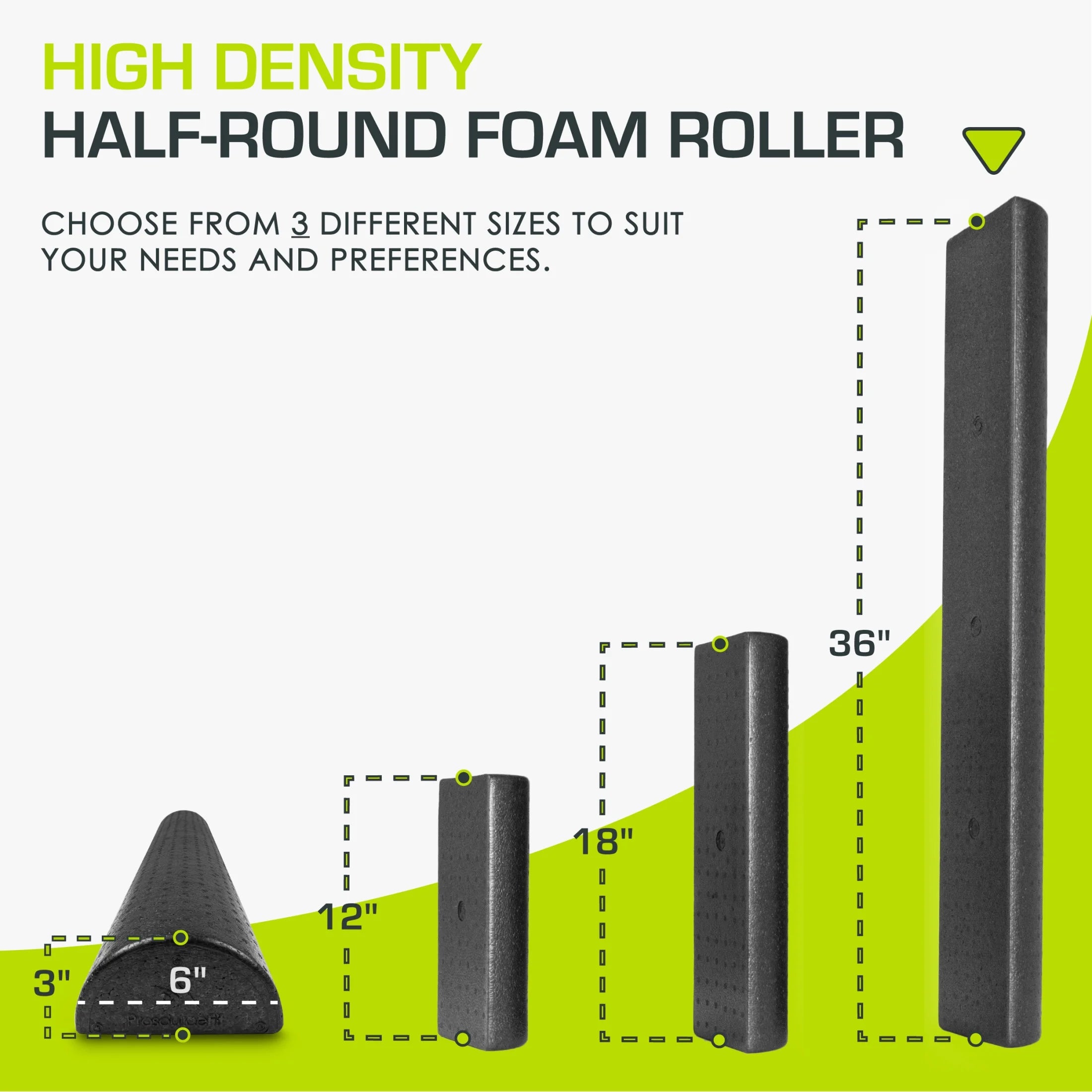 High Density Half-Round Foam Rollers 12”, 18", 36" Black