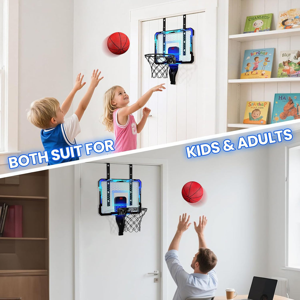Mini Basketball Hoop with Scoreboard & 7 LED Lighting | over the Door Indoor, with 3 Balls/Inflator/Breakaway Rim, Basketball Toy Gifts for Kids Adults, Suit for Bedroom/Office
