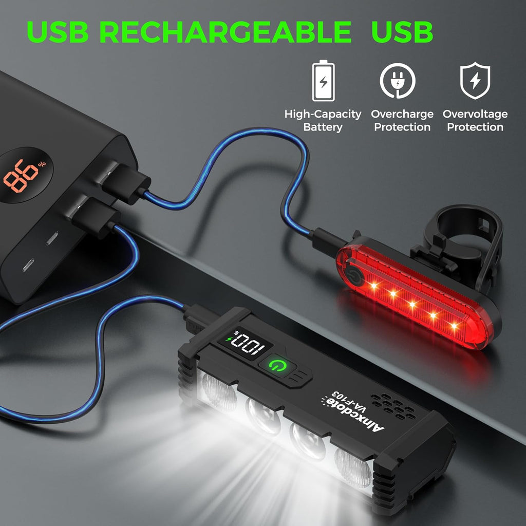 Super Bright Bike Lights for Night Riding 4800 Lumen, USB Rechargeable Bicycle Light with LCD Display, Runtime 10+ Hours, IP65 Waterproof Bike Headlight Front and Rear for MTB, Off-Road, City Riding
