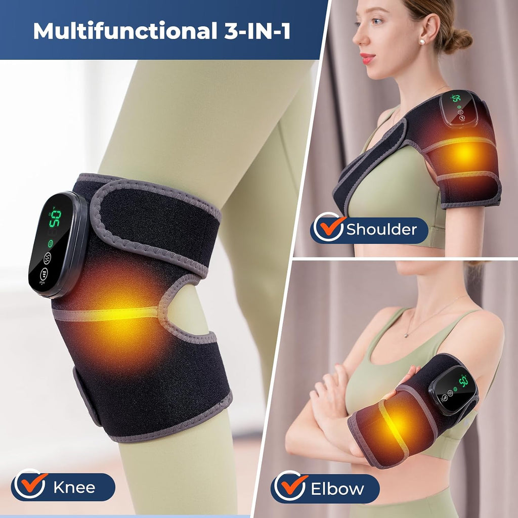 Cordless Heated Knee Massager, 3-In-1 Knee Heating Pad, Black 1PC | 3 Vibration Mode and 3 Heating Levels, Auto-Off Timer, Electric Knee Brace for Knee Shoulder Elbow, Ideal Gifts for Men Women