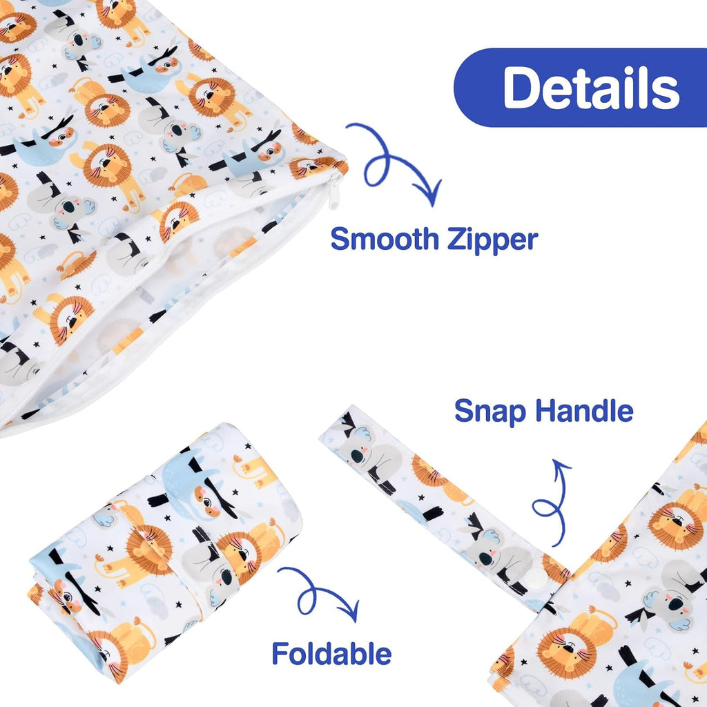 Mess-Proof Waterproof Wet Dry Bag,2 Pack Reusable Wet Bags for Swimsuits& Baby Clothes,Leakproof Wet Bag for Travel & Diaper Changes for Baby-Dinosaur,Lion