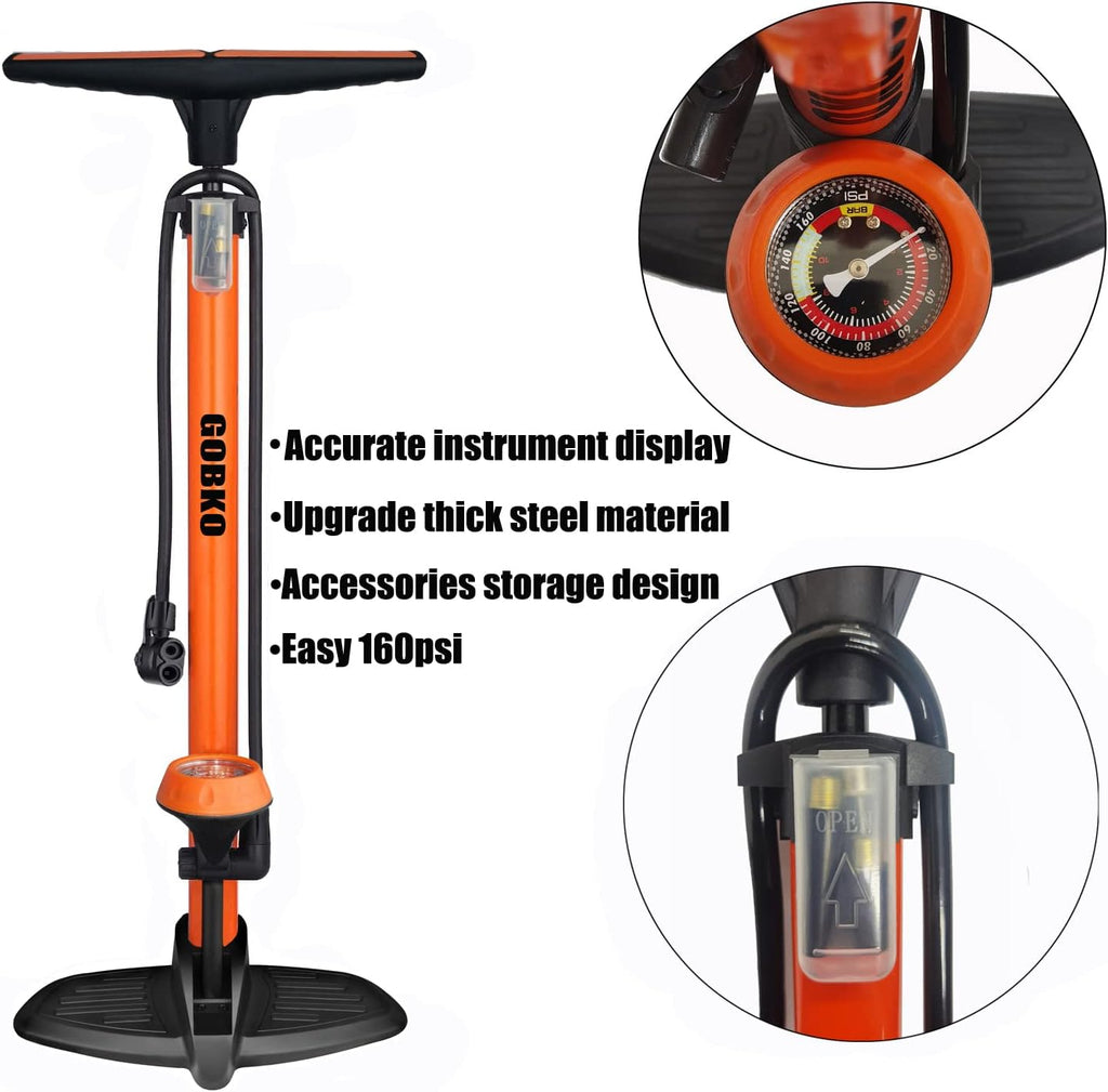 Bike Pump with Gauge,Bicycle Floor Pump for Presta and Schrader Valves Bike Tire Pumps Inflator High Pressure 160PSI & 11BAR Portable Air Pump for Road Bike Car MTB Sports Balls