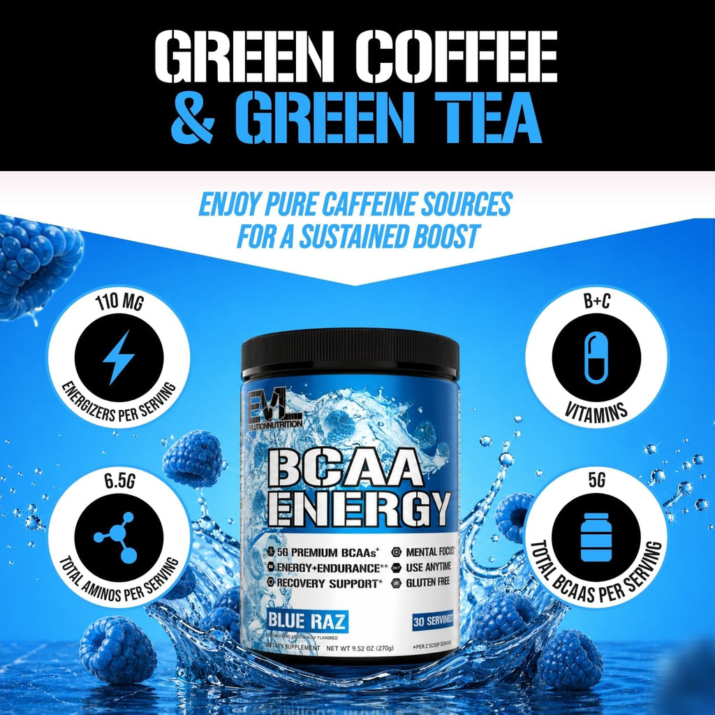 EVL BCAA Energy Amino Acids Powder with Natural Caffeine - Blue Raz | Supports Muscle Recovery, Lean Growth, Endurance and Hydration with Branched-Chain Amino Acids (Bcaas) - 30 Servings