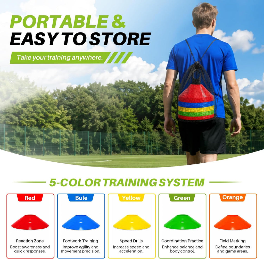 50/100PCS Soccer Cones with Carry Bag & Holder, Agility Disc Cones | 5 Color Sports Training Equipment, Football, Basketball, Speed Drills, Coaching & PE Classes