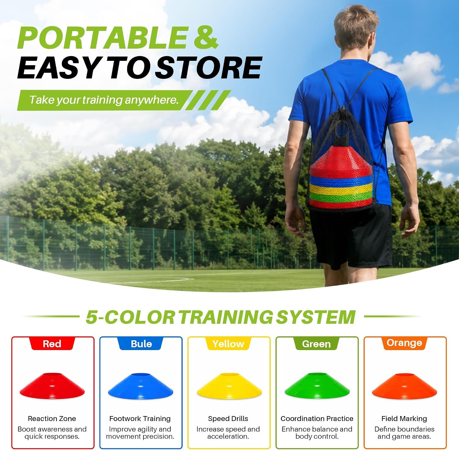 50/100PCS Soccer Cones with Carry Bag & Holder, Agility Disc Cones | 5 Color Sports Training Equipment, Football, Basketball, Speed Drills, Coaching & PE Classes