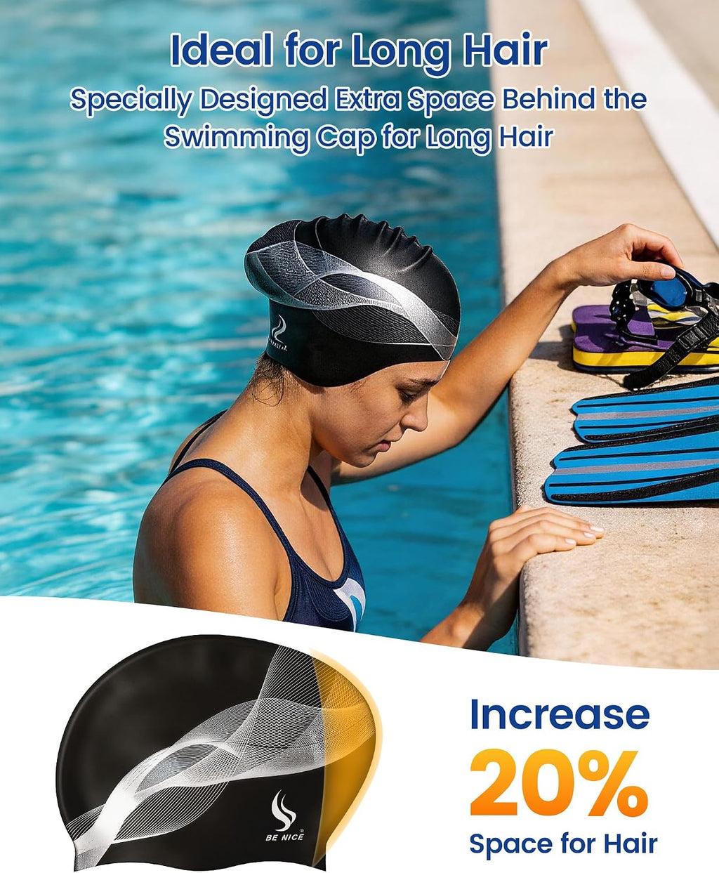 Silicone Swim Cap for Long Hair - X-Large Waterproof Swim Hat for Men Women Adults, Dreadlocks, Braids, Curls & Afros, Black