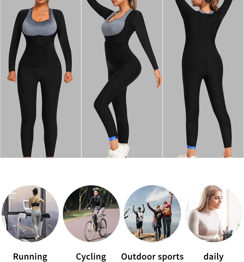 Women Sauna Jumpsuit Sweat Suit Full Body Heat Trapping Workout | Adjustable Waist Trainer,Breathable Armpit and Crotch Keep You Dry,Pu Material Heat Gathering When Exercise