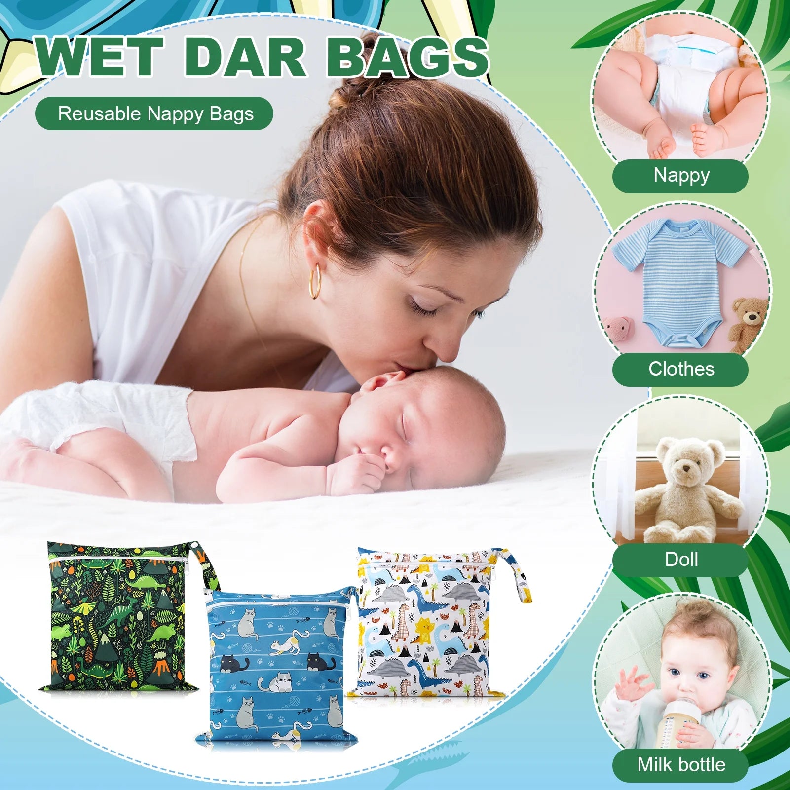 3 Pack Wet Dry Bags, Mess Proof and Waterproof Travel Bags, Diaper Bags with Cartoon Print for Baby, Dinosaur, Cat,11.8"X11" Reusable Storage Bags for Daycare,Travel,Swimming