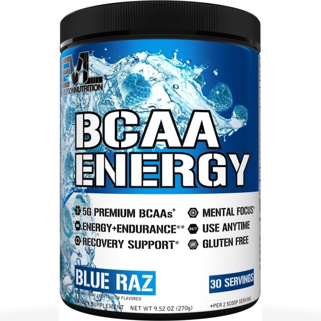 EVL BCAA Energy Amino Acids Powder with Natural Caffeine - Blue Raz | Supports Muscle Recovery, Lean Growth, Endurance and Hydration with Branched-Chain Amino Acids (Bcaas) - 30 Servings