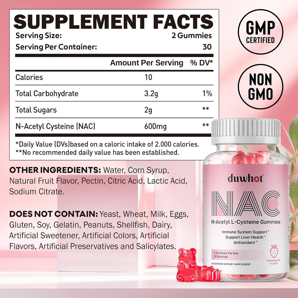 NAC Gummies 600Mg for Kids & Adults, 60Ct | N Acetyl Cysteine Supplement NAC Chewable for Antioxidants & Immune Support, Lung & Liver Health, Natural Strawberry Flavor