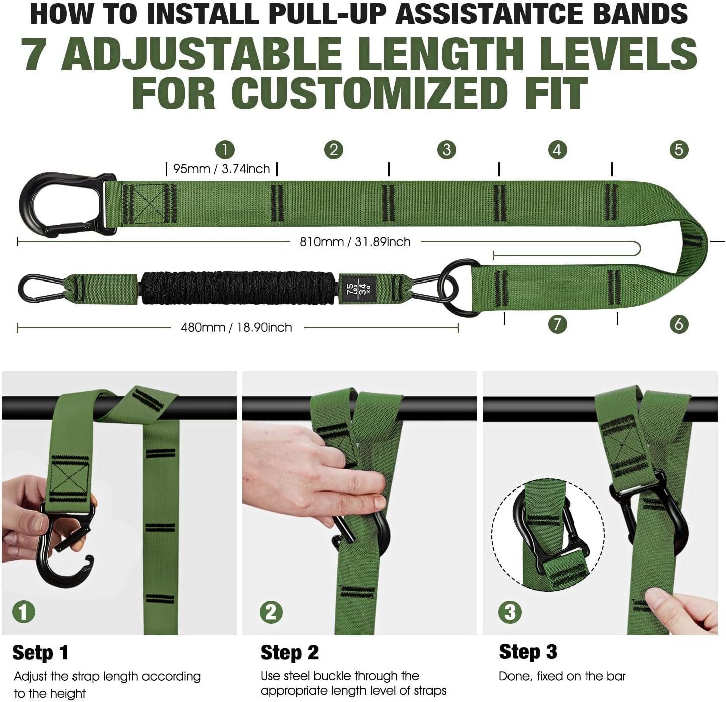 Pull up Assistance Bands, Pull up Bar Resistance Bands, Pull up Bands for Enhanced Strength Training, Muscle Training, 3 Heavy-Duty Adjustable Pull up Assist Strap & Comfortable Foot Strap