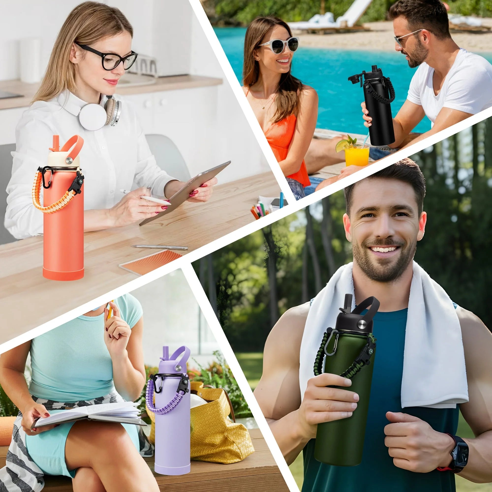 40 OZ Water Bottle with Straw - Auto Spout Lids, Paracord Handle, Carrier Bag, Flask Boot, Wide Mouth Stainless Steel Sports Water Bottles Thermal Water Flask Cold for 48H