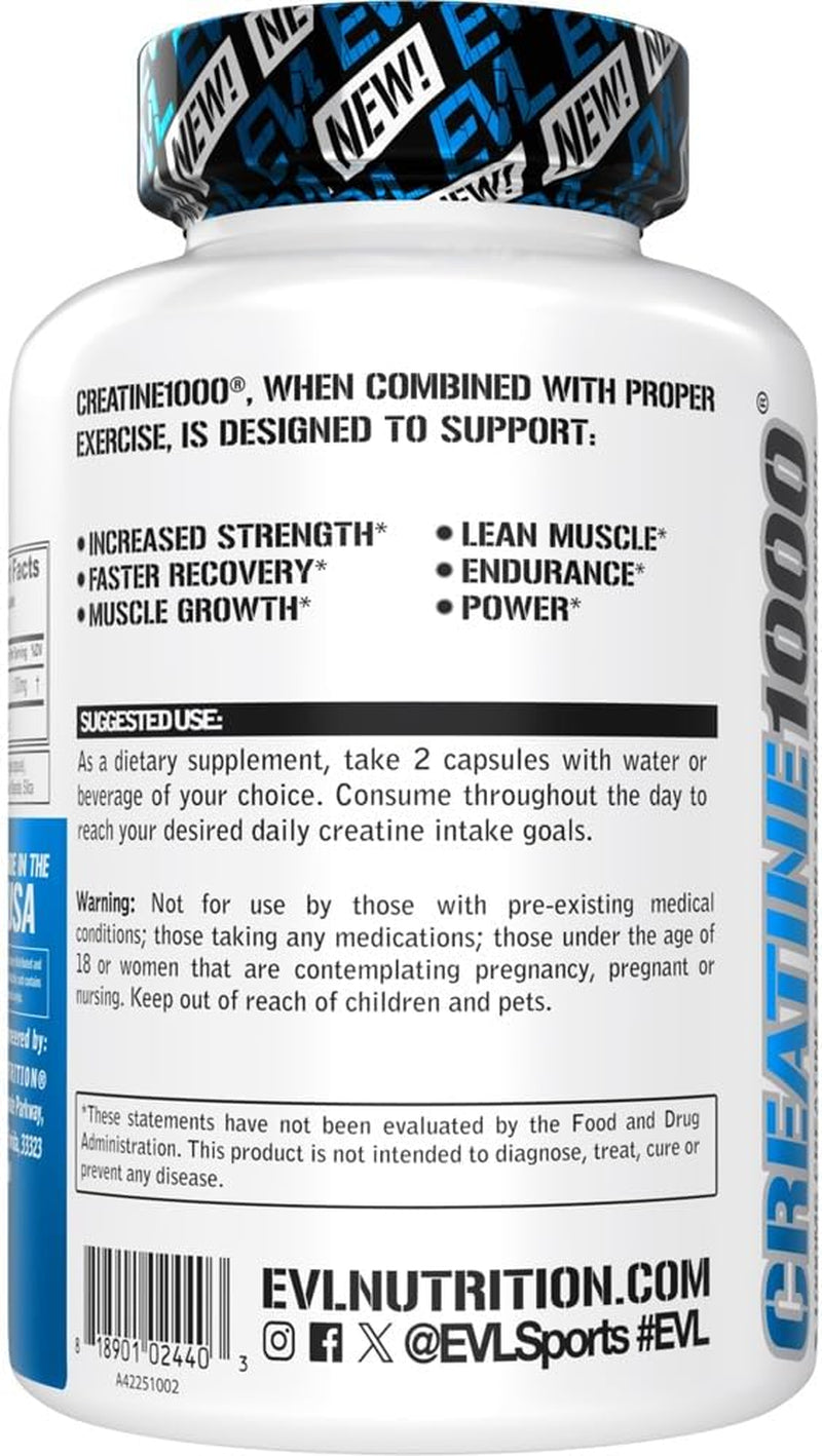 EVL Creatine Monohydrate Capsules Pre & Post Workout Supplement 60 Servings | Vegan and Gluten-Free Creatine Pills with 500Mg per Capsule Support Muscle Strength, Performance and Recovery