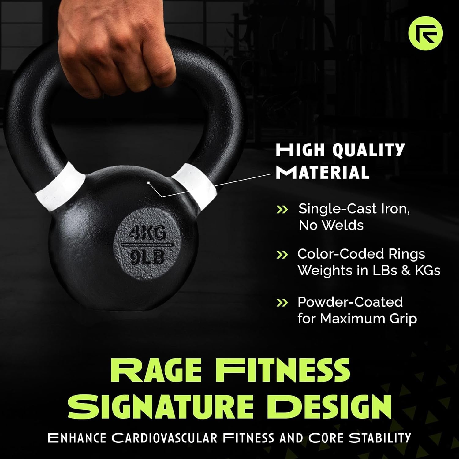 Single Cast Iron Kettlebell, Wide Handle Powder Coated - Core/Glute Workout