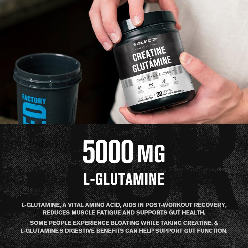 Creatine + Glutamine - Creatine Supplement with L-Glutamine for Muscle Recovery, Muscle Growth, Increased Strength, Enhanced Energy Output, and Gut Health - 30 Servings, Unflavored
