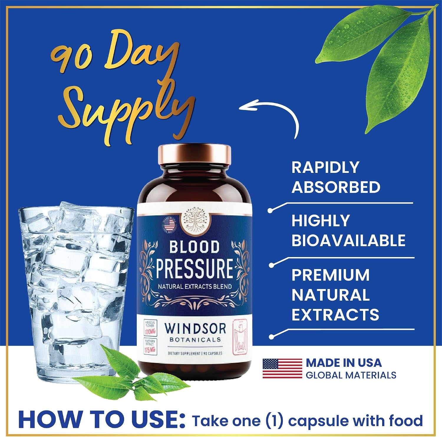 Blood Pressure Support Supplement - Green Tea, Hibiscus, Hawthorn, Garlic - Blood Pressure Vitamin, Mineral and Activated Naturals - 3 Month Supply, 90 Capsules
