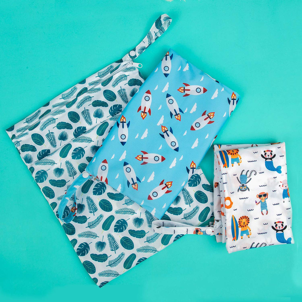 Wet Dry Bags for Baby Cloth Diapers, Washable Travel Bags, Beach, Pool, Gym Bag for Swimsuits & Wet Clothes with Two Zippered Pockets 3 Pack, 3LN12