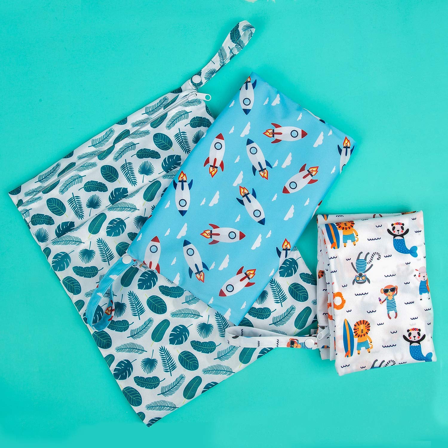 Wet Dry Bags for Baby Cloth Diapers, Washable Travel Bags, Beach, Pool, Gym Bag for Swimsuits & Wet Clothes with Two Zippered Pockets 3 Pack, 3LN12