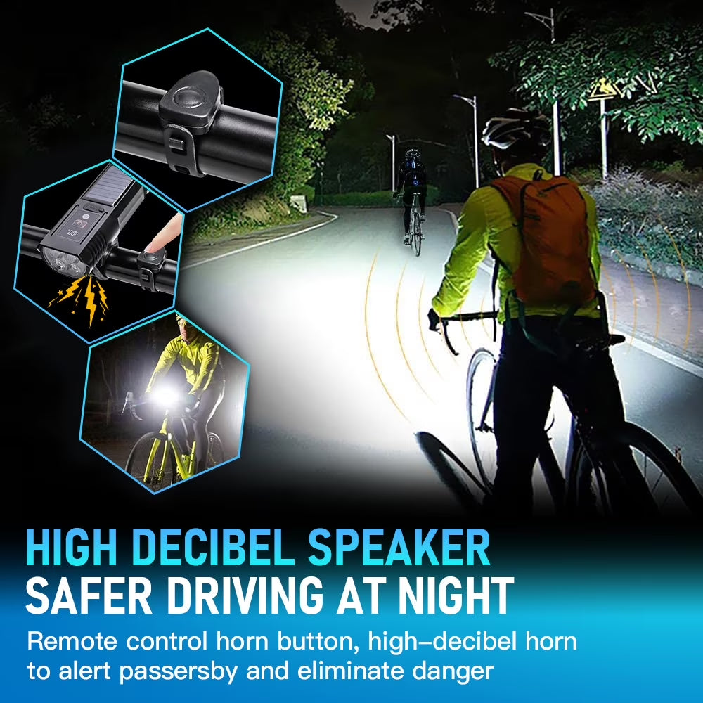 Solar Bike Lights, 3000LM Night Ultra Bright Bicycle Lights Headlight with Electric Bell, Rechargeable Bike Lights, Easy Install Waterproof