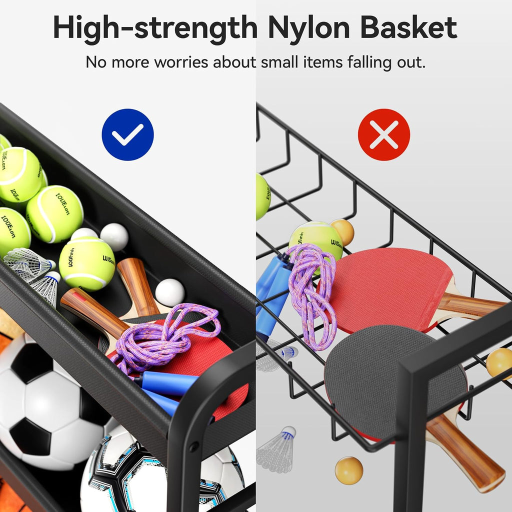 Sports Equipment Organizer, Large Capacity Garage Ball Storage Rack | Heavy-Duty Rolling Ball Cart with Locking Wheels for Basketball, Soccer & Sports Gear
