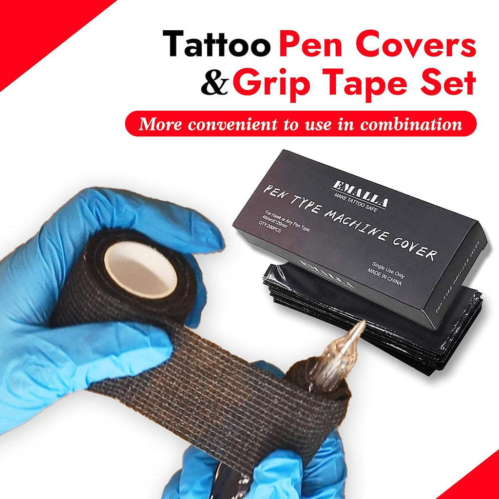 200PCS Pen Covers with 6PCS Grip Tape Tattoo Machien Covers Kit | Machine Wrap Cover Black Pen Bags Sleeves with Black Grip Wrap Self-Adherent Tape Plastic Cover Tattoo Supplies