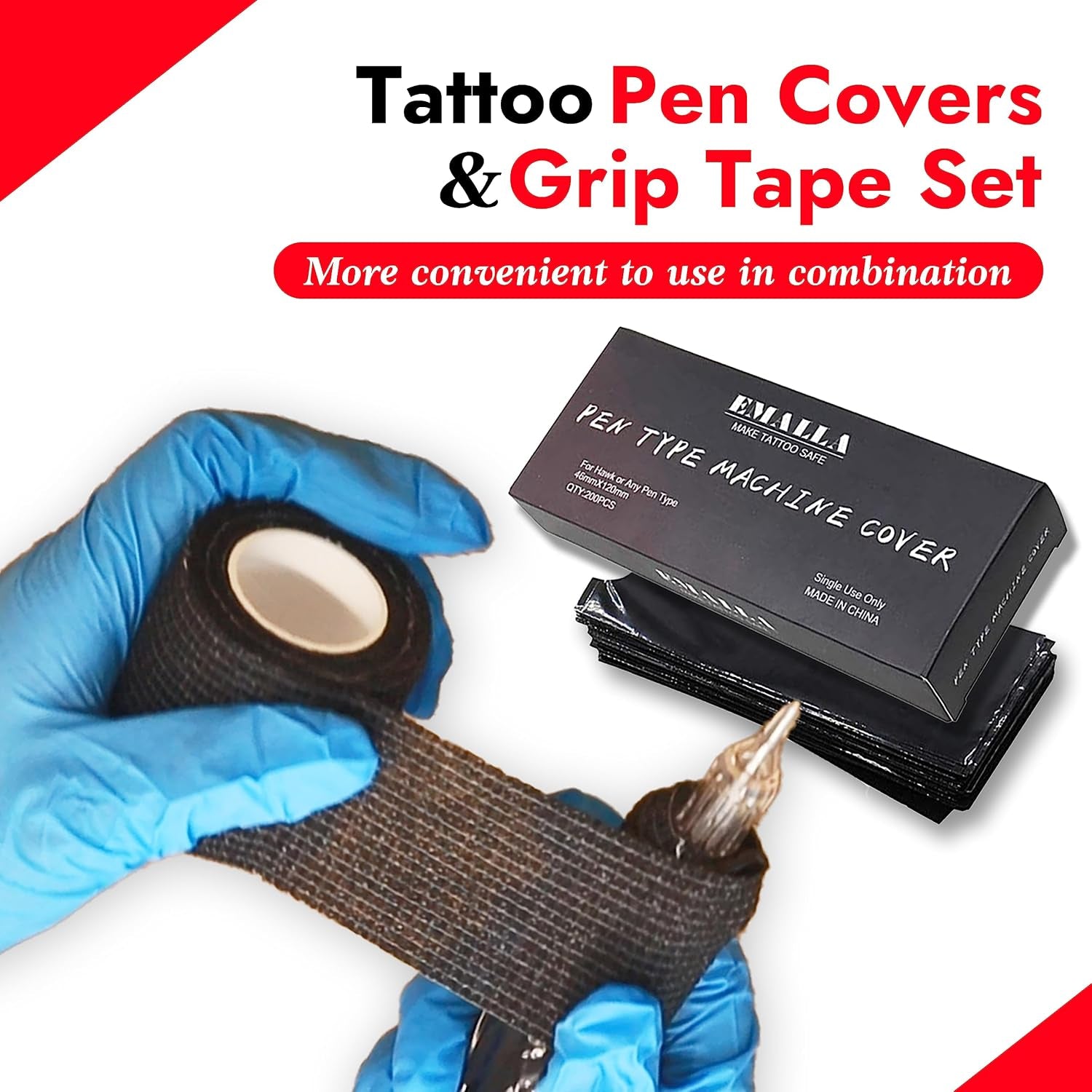 200PCS Pen Covers with 6PCS Grip Tape Tattoo Machien Covers Kit | Machine Wrap Cover Black Pen Bags Sleeves with Black Grip Wrap Self-Adherent Tape Plastic Cover Tattoo Supplies