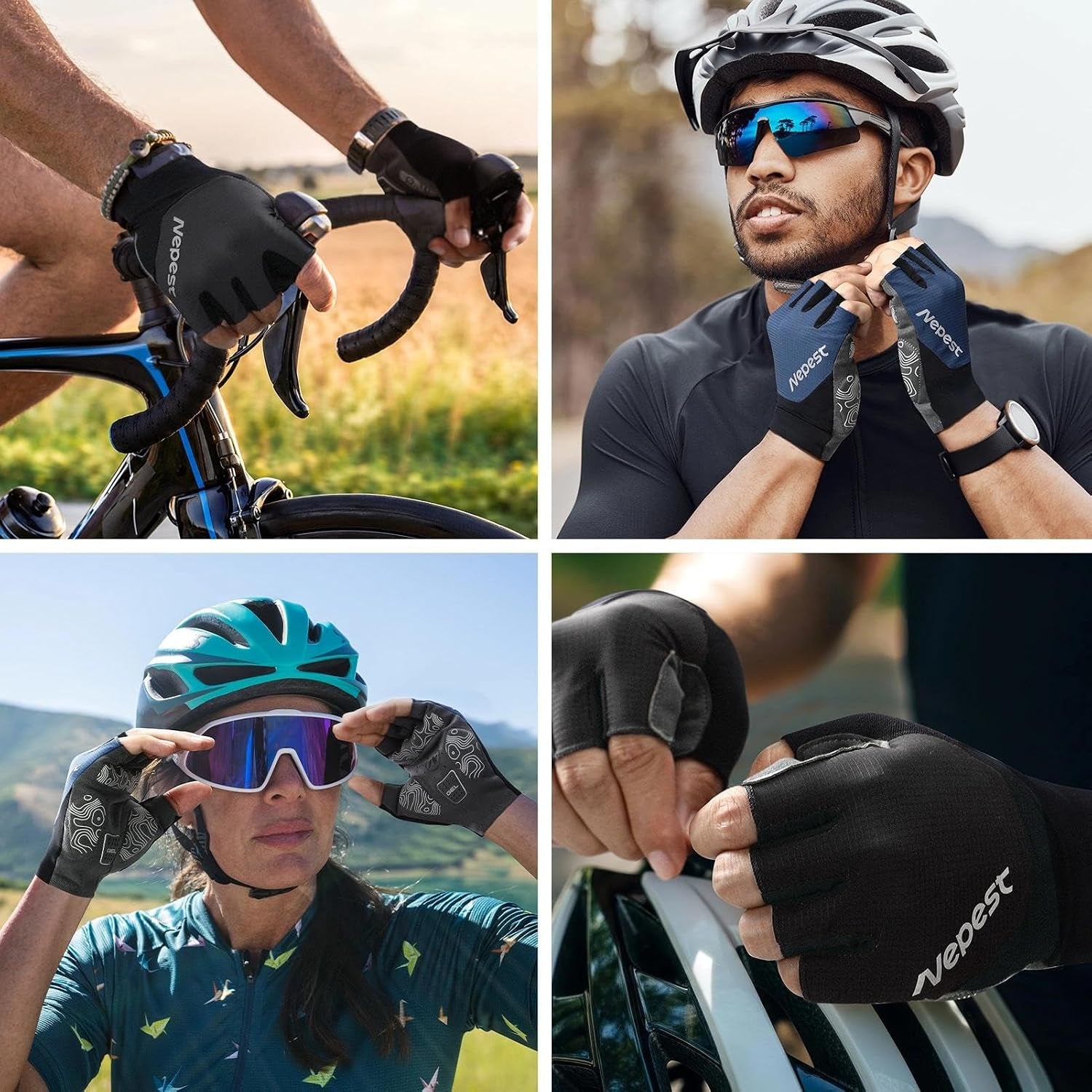 Road Cycling Gloves for Men Women Padded Absorbing Fingerless Biking | Bicycle Glove, Lightweight, Anti-Slip Silicone Pattern, Shock-Absorbing, Pull Tabs Design, Easy to Take Off, Moisture Wicking
