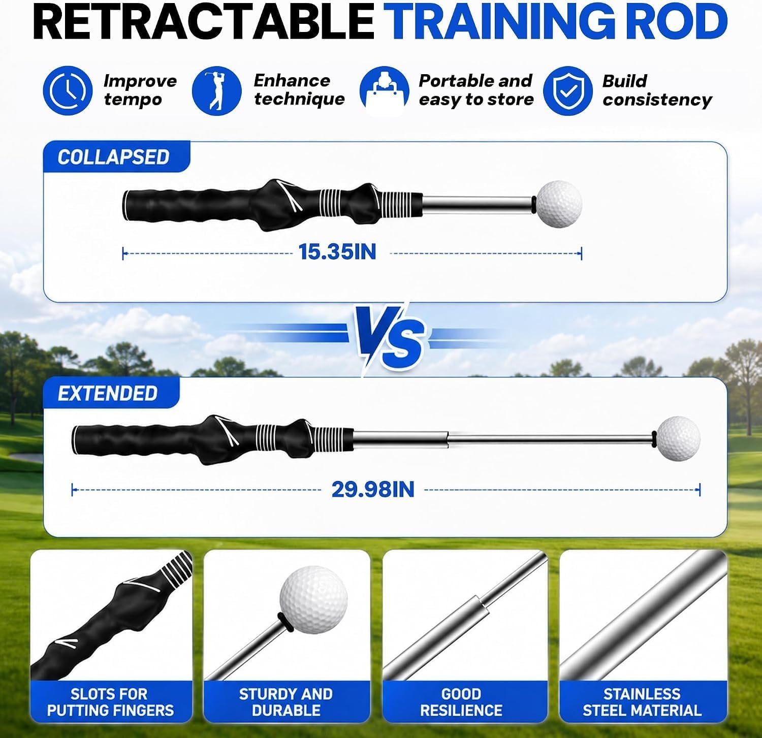 Retractable Golf Swing Trainer, Golf Grip Trainer, Golf Training Aid for Warm-Up, Golf Swing Training Aid, Grip Trainer Golf Club, Strength & Tempo Training for Chipping Hitting