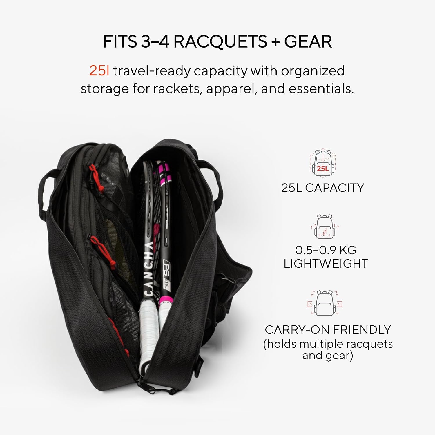 Racquet Bag Voyager, Slim Weatherproof Tennis Backpack for 1-3 Racquets | Fits Overhead Bins, Padded Racquet Divider, Water Bottle Holder, Removable Strap, Modular Clip-On System