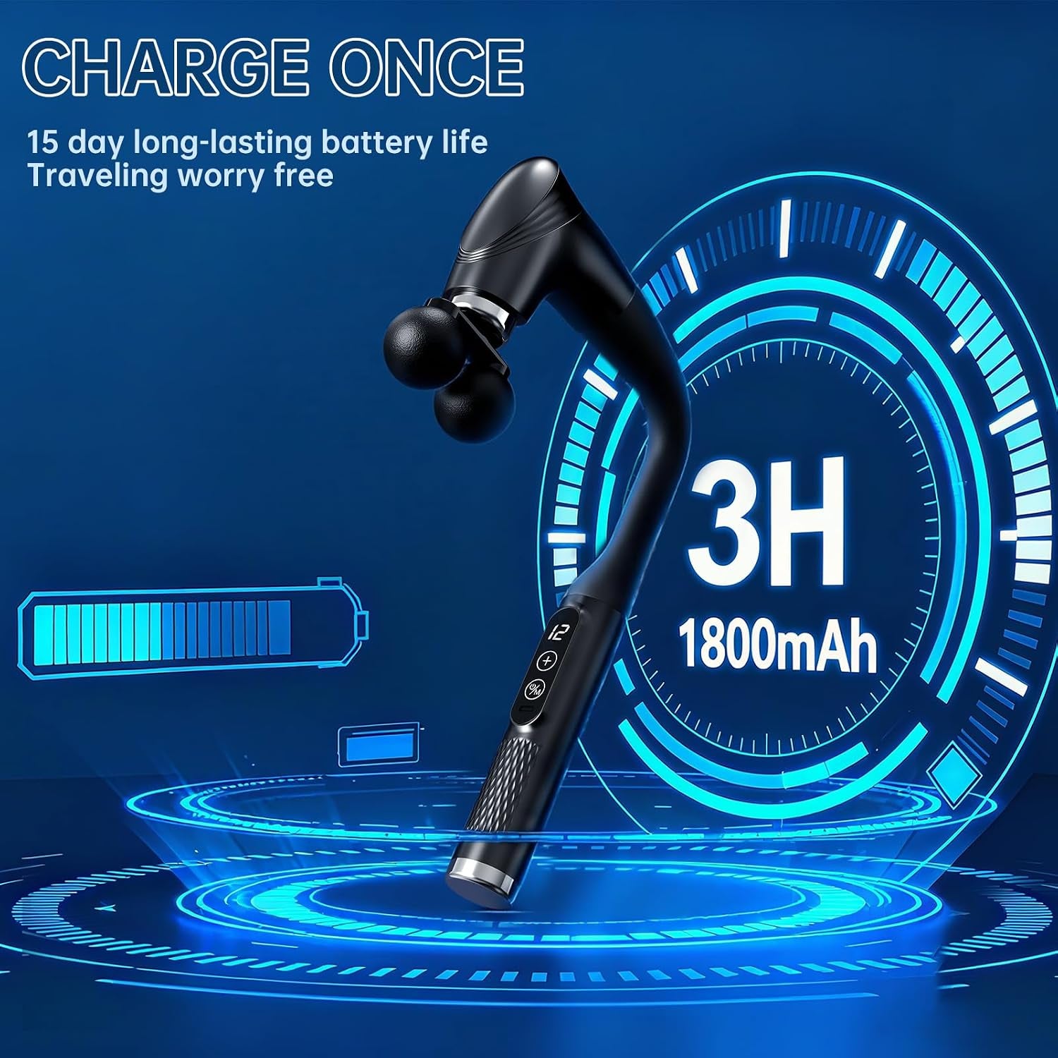 Double-Head Elbow Massage Gun, Detachable Extended Handle, 12 Levels Adjustable, 5 Heads Are Replaceable
