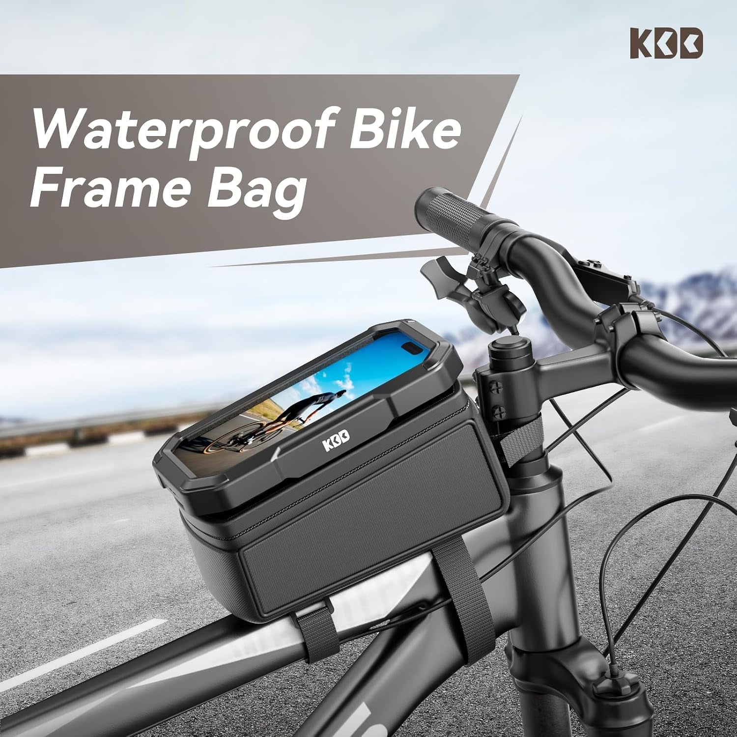 Bike Front Frame Bag with Waterproof Phone Holder, Mountain Cycling Storage Pouch, Handlebar Bag with Phone Mount, Bicycle Accessories for Top Tube, Fit for Iphone 17 Pro Max, Cellphone under 7''