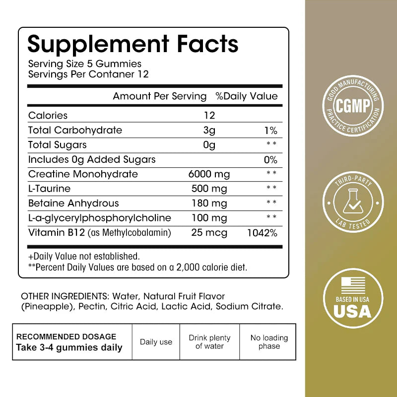 Creatine Monohydrate Gummies 6000Mg Sugar Free Chewable Creatine for Muscle Strength Muscle Builder Energy Boost