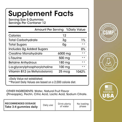 Creatine Monohydrate Gummies 6000Mg Sugar Free Chewable Creatine for Muscle Strength Muscle Builder Energy Boost