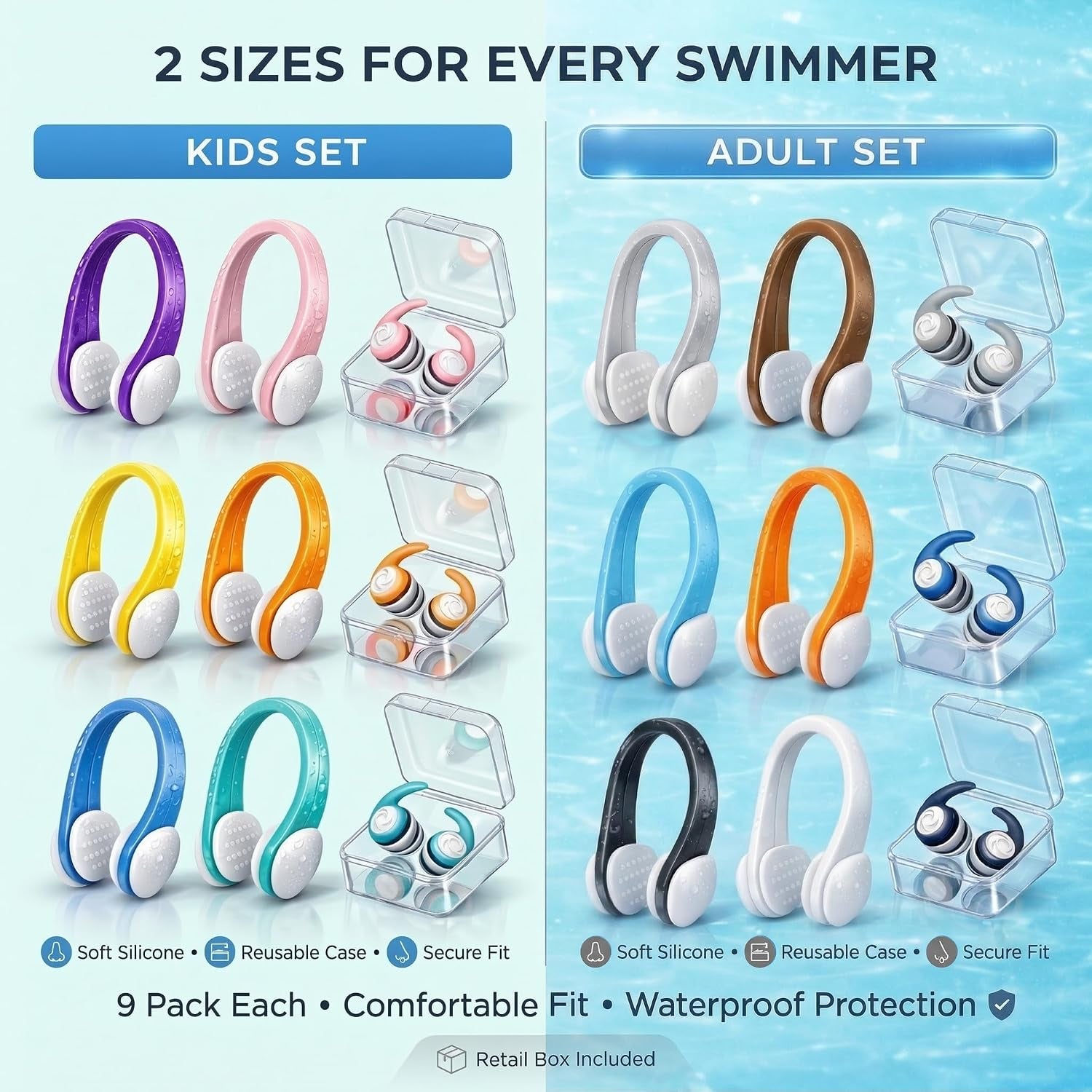 Swimming Nose Clips Ear Plugs for Kids Adults, 9 Pack Waterproof Silicone | 6 Swim Nose Clips, 3 Pairs Waterproof Silicone Earplugs and Storage Boxes for Adults and Kids, for Pools, Surfing and Diving.